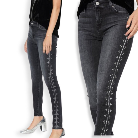 7 For All Mankind Faded Black Mid Rise Skinny Jean with Studs In Vintage Noir 26 - Picture 1 of 11